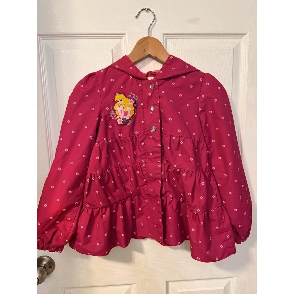 Disney Princess Aurora Girls Hooded Jacket Dark Pink Floral Ruffle Peplum 7/8